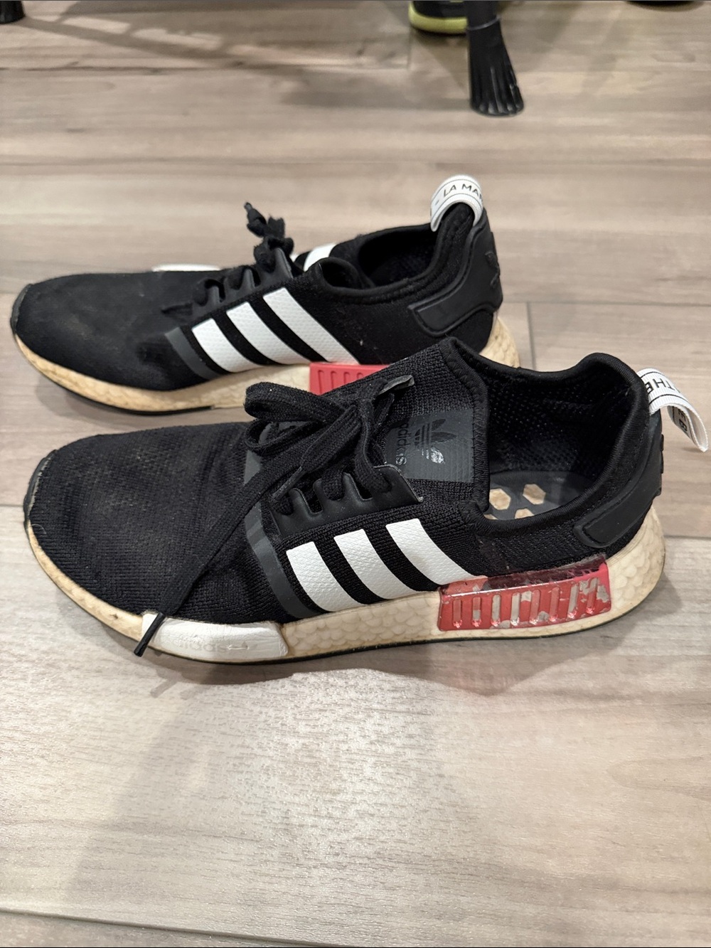 adidas Black and White NMD R1 Sneakers with rose Accents. 10W